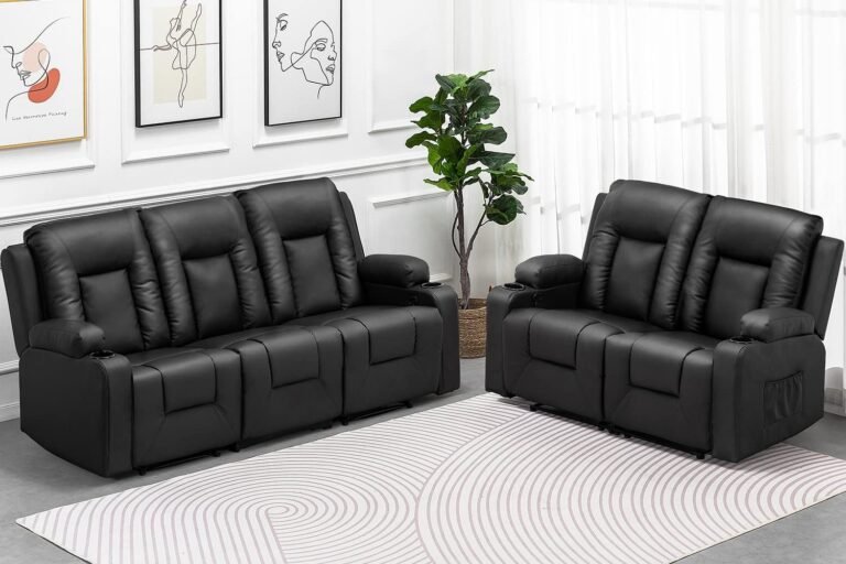 COMHOMA Recline Chair Set，Furniture 2PC Bonded Leather Recliner Set Living Room Set, Sofa, Loveseat（Black,Living Room Set3+2）