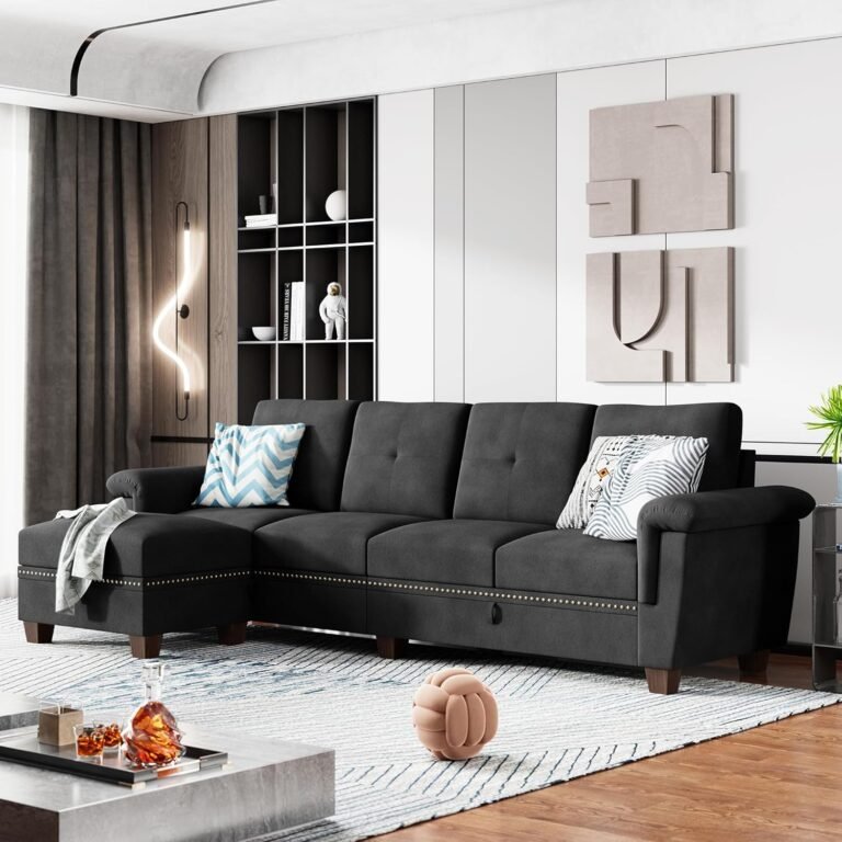 Shintenchi Reversible Sectional Sofa L Shaped Sofa Convertible Couch with Storage Chaises and Cup Holders 4-Seater Sofas Sectional with Reversible Chaise for Living Room,Black