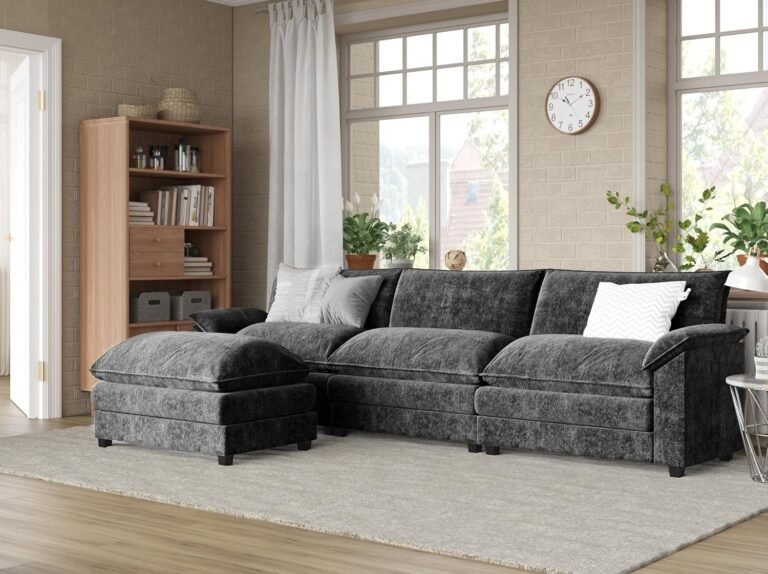 Furmax Modern Convertible Sofa L Shaped Couch, Fabric 3 Seat Sofa Set with Ottoman, Modular Sectional Sofa Couch, Sectional Couches for Living Room, Apartment (Grey, L Shape)