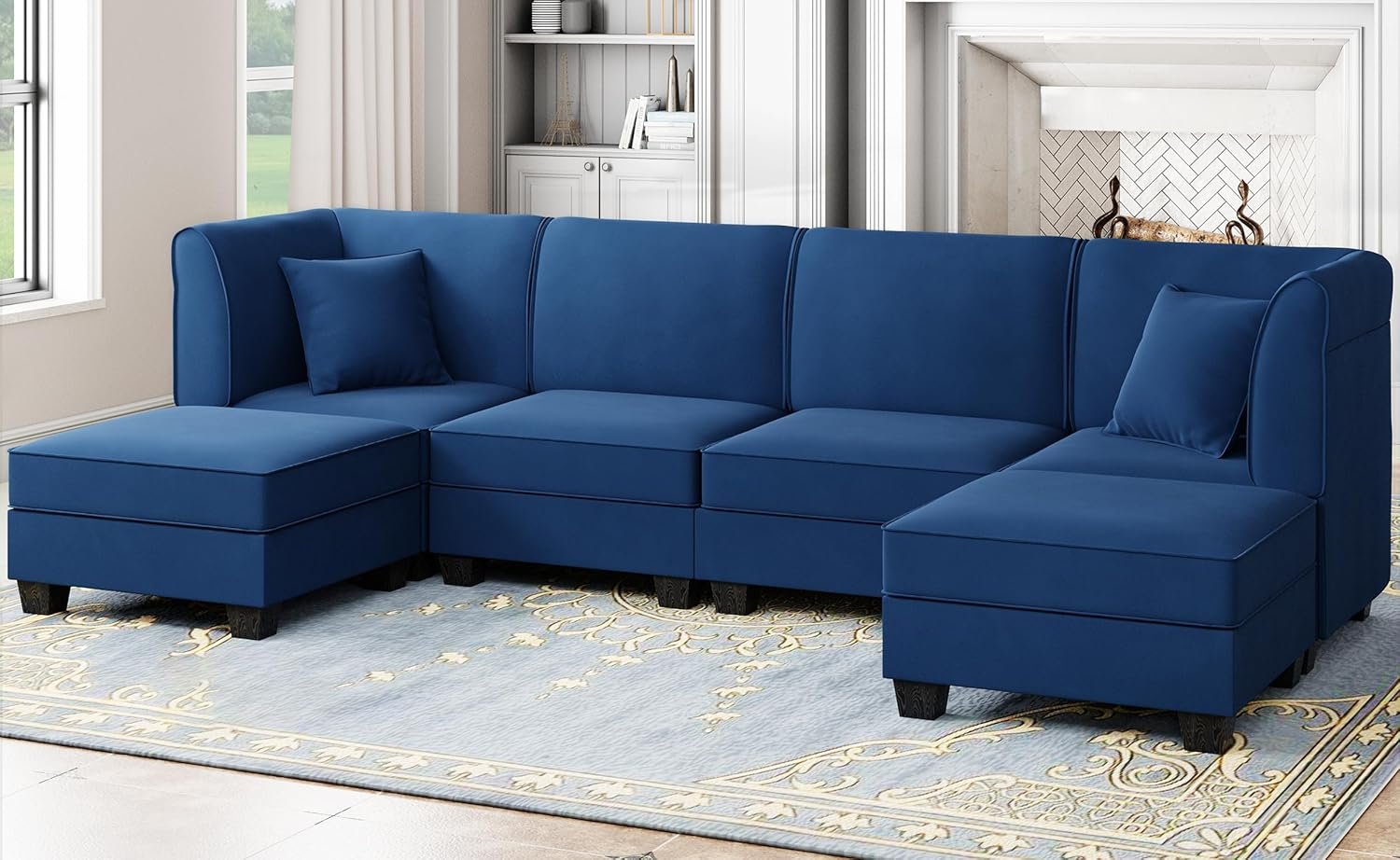 Shintenchi Reversible Modular Sectional Sofa Set, Convertible Oversized U Shaped Sofa Couch with Ottomans, Velvet Sleeper Couch with Chaise L Shaped Couches for Living Room Navy Blue