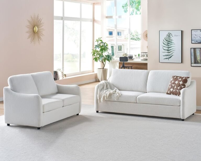 AMERLIFE Sofa, Modern Sofa with Smooth Curved Armrest, 3 Seater Sofa and Loveseat,2 Piece Couch Set, Deep Seat Couch Set for Living Room- Boucle White Couch