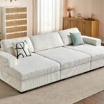 AMERLIFE Sofa, 120 inch 3-Piece Chaise Sofa, Oversized Deep Seat Sofa- Comfy Couch in White Corduroy