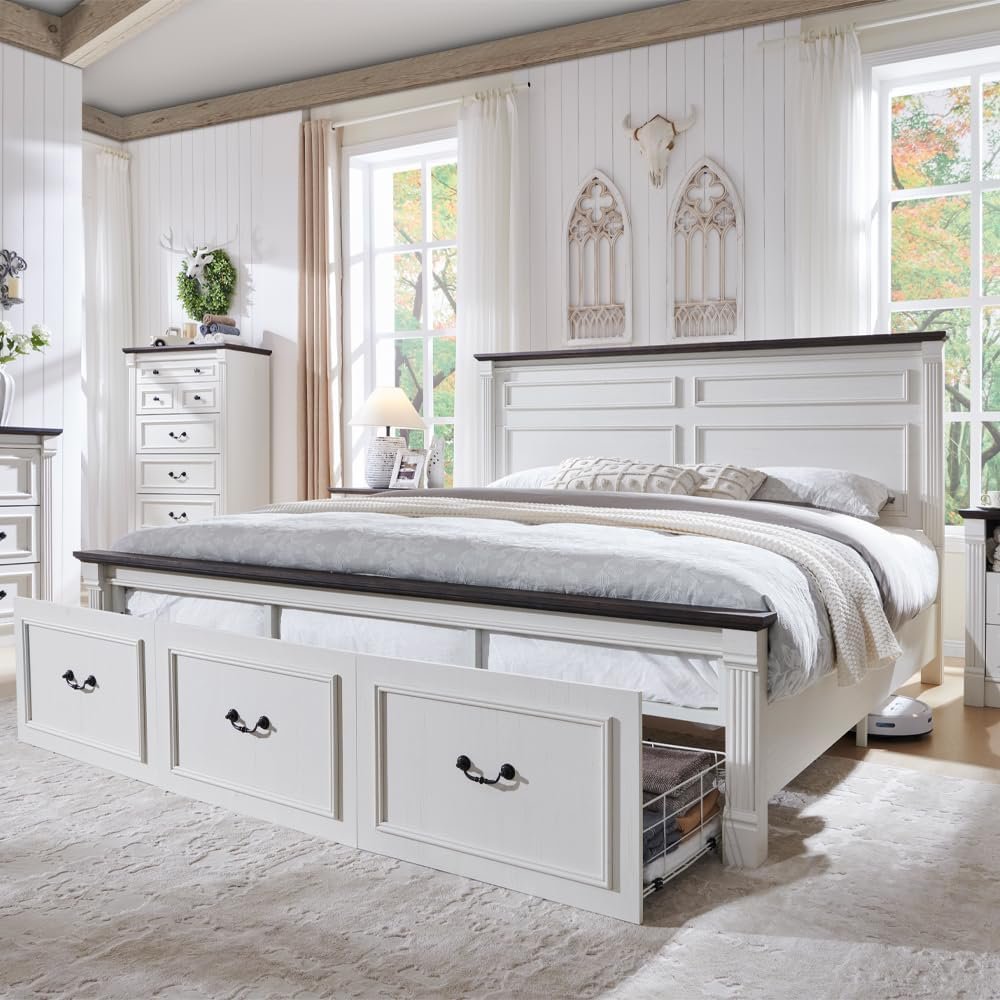 Farmhouse King Size Bed Frame with 51" Tall Headboard, Wood Platform Bed Frame with 20" Tall Roman Column Decoration Footboard & 3 Large Storage Drawers, No Box Spring Needed (White)