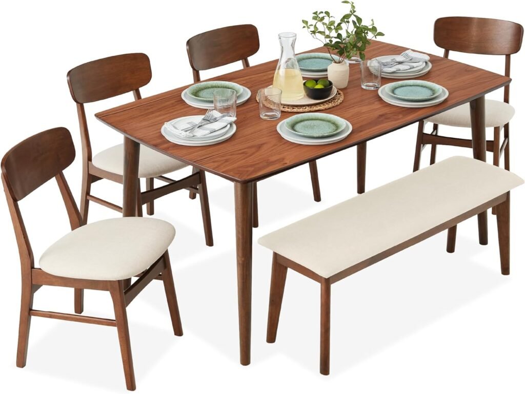 Best Choice Products 6-Piece Wooden Dining Set, Mid-Century Modern Table & Upholstered Chair Set w/Bench Seat, Rubberwood Legs - Brown/Cream