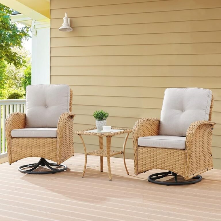 3PC Patio Furniture Set - Swivel Rocker Chair Bistro Set with Rattan Side Table, Natural Wicker/Beige Cushion