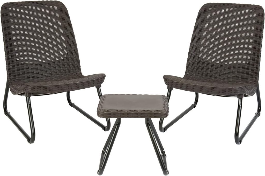 Keter Rio 3 Piece Resin Wicker Patio Furniture Set with Side Table and Outdoor Chairs for Front Porch and Backyard Decor, Brown