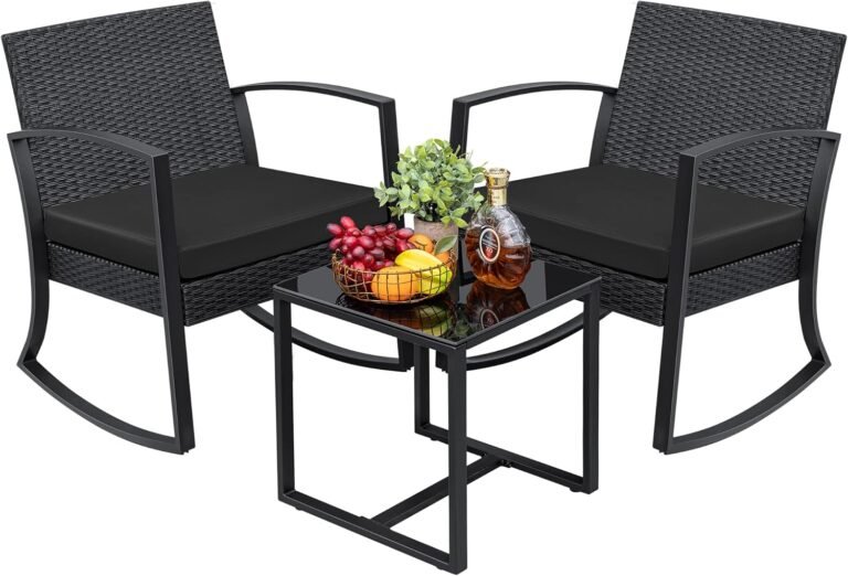 Greesum 3 Pieces Outdoor Furniture Set Patio Bistro Rocking Chairs and Glass Coffee Table, Black, Modern