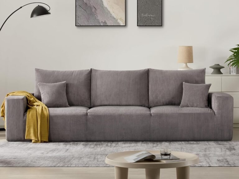 Modern Sleeper Sofa Couches for Living Room-113'' Grey 3 Seater Lounge Cloud Couch-No Assembly Required, Modular Corduroy Convertible Full Sponge Compression Sofas for House, Apartment