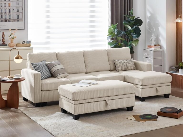 CHIC HOUSE Modular Sectional Sofa Corduroy Couch, Customizable U-Shaped Sofa with Storage Ottoman, Reversible Chaise for Living Room, Oversized L-Shaped Sofa Set (Beige, 7 Seater Sectional)