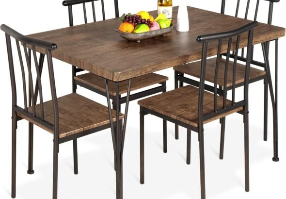 Best Choice Products 5-Piece Metal and Wood Indoor Modern Rectangular Dining Table Furniture Set for Kitchen, Dining Room, Dinette, Breakfast Nook w/ 4 Chairs - Drift Brown