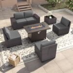 Kullavik 7 Pieces Outdoor Patio Furniture Set with 55000BTU Gas Propane Fire Pit Table,PE Wicker Rattan Sectional Sofa Patio Conversation Sets,Grey