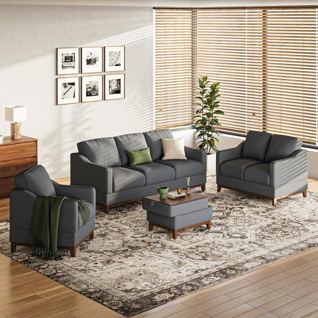 Sectional Sofa Couch Set with Coffee Table-Living Room Sofa Set with 3-Seater Couch, Loveseat Sofa and Armchair, Modern Versatile Convertible Modular Sofa Set for Living Room/Apartment-Darkgrey