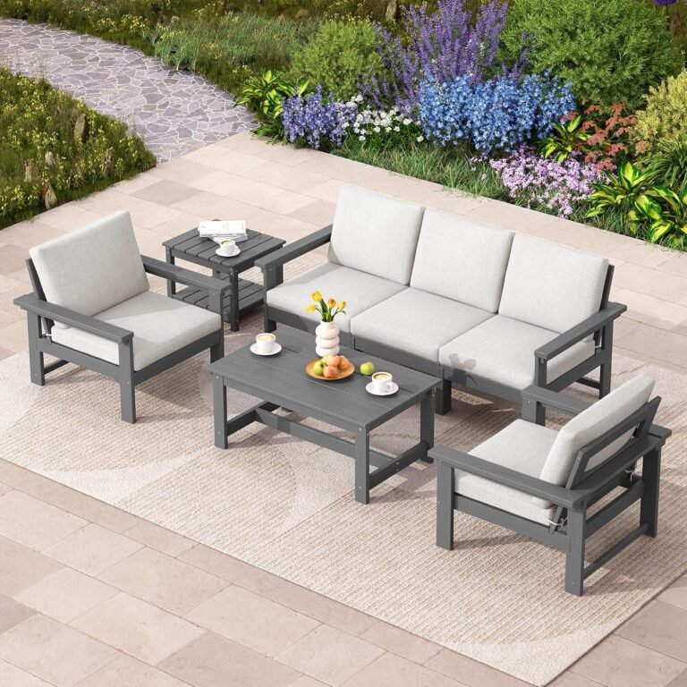 SERWALL HDPE Outdoor Patio Furniture Set, 7-Piece Outdoor Sectional Patio Conversation Set, All Weather Outdoor Couch Set Patio Sofa Set for Deck, Lawn, Grey Frame with Khaki Cushion