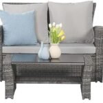 Wisteria Lane 4 Piece Outdoor Patio Furniture Sets, Wicker Conversation Set for Porch Deck, Gray Rattan Sofa Chair with Cushion