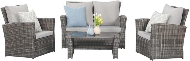 Wisteria Lane 4 Piece Outdoor Patio Furniture Sets, Wicker Conversation Set for Porch Deck, Gray Rattan Sofa Chair with Cushion