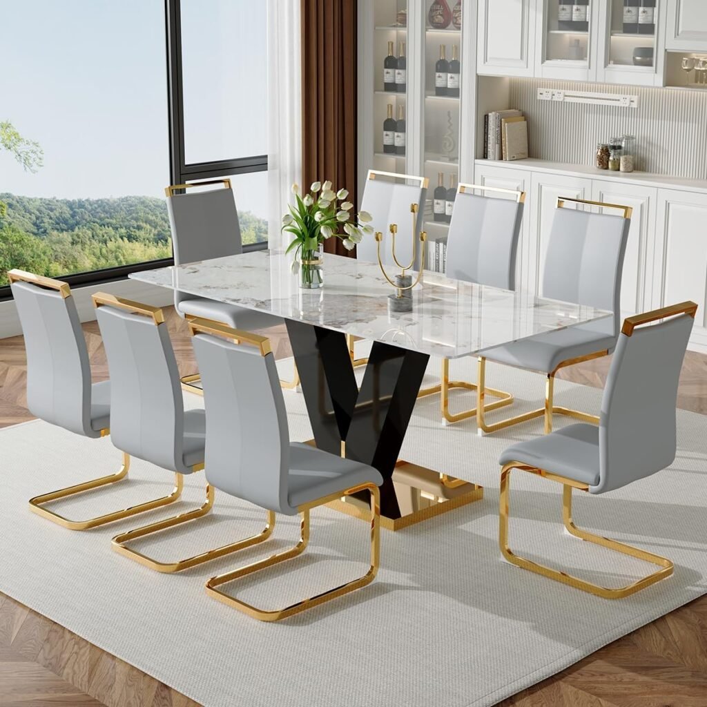 71'' Dining Table Set for 8,Marble Dining Table Set,Modern Kitchen Table with 8 PU Leather Chairs,Gold Dining Room Table Set with V-Shaped Black Glossy Pillars,Ideal for Kitchen Dining Room