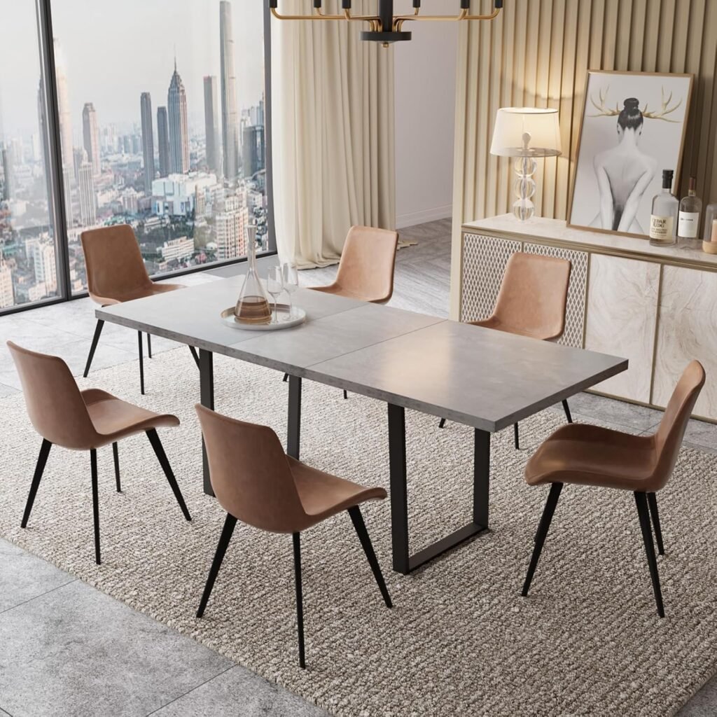 ZckyCine Modern Mid-Century Dining Table Set for 6-8 People Kitchen Dining Room Table Set Extendable Wood Dining Table and 6 Upholstered Chairs, Home Kitchen Furniture