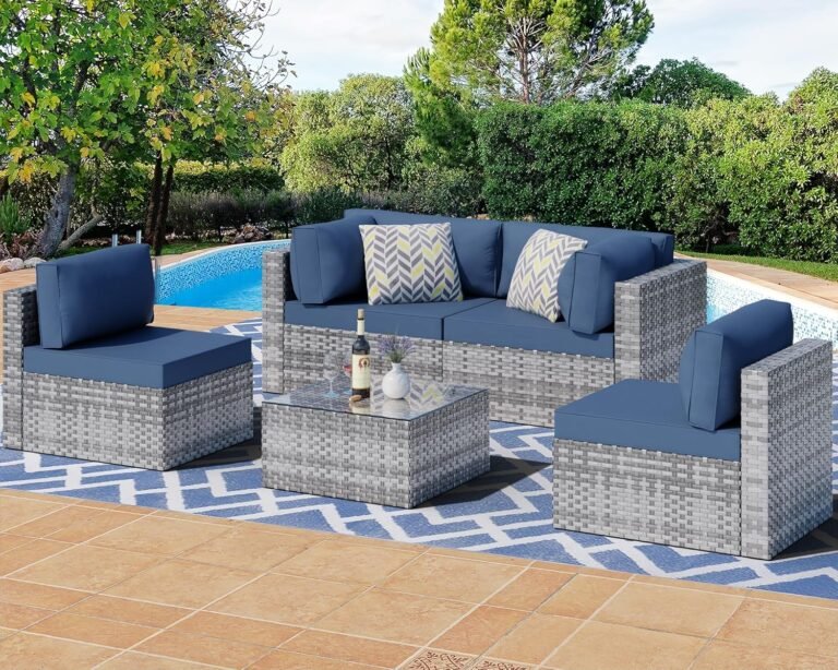 Shintenchi 5 Pieces Outdoor Patio Sectional Sofa Couch, Silver Gray PE Wicker Furniture Conversation Sets with Washable Cushions & Glass Coffee Table for Garden, Poolside, Backyard (Aegean Blue)