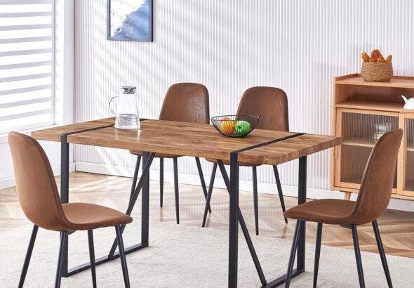 Dining Table Set for 4，Dinner Table Set for 4，55'' Kitchen Table and Suede Nap Fabic Chairs Set of 4, 5 Piece Dining Table Set for Kitchen Dining Room