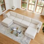 CHITA Oversized Modular Sectional Fabric Sofa Set, FSC Certified Extra Large U Shaped Couch Reversible Chaise Modular Sectional Couch, 146 inch Width, 6 Seat Modular Sofa with Storage Ottomans, Linen