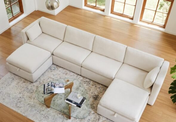 CHITA Oversized Modular Sectional Fabric Sofa Set, FSC Certified Extra Large U Shaped Couch Reversible Chaise Modular Sectional Couch, 146 inch Width, 6 Seat Modular Sofa with Storage Ottomans, Linen