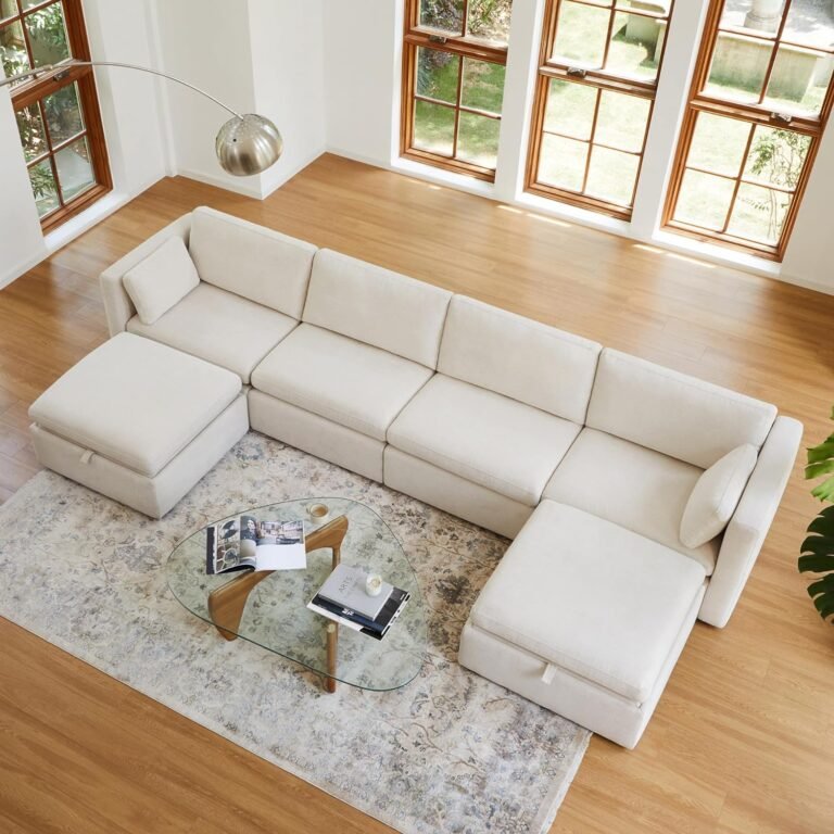 CHITA Oversized Modular Sectional Fabric Sofa Set, FSC Certified Extra Large U Shaped Couch Reversible Chaise Modular Sectional Couch, 146 inch Width, 6 Seat Modular Sofa with Storage Ottomans, Linen