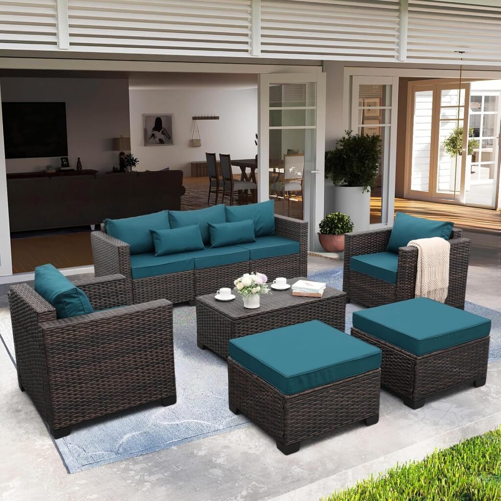 Valita 6 PCS Patio Furniture Set Outdoor Sectional Wicker Conversation Couch Brown Rattan Sofa Chairs with Ottoman Storage Table and Peacock Blue Anti-Slip Cushions