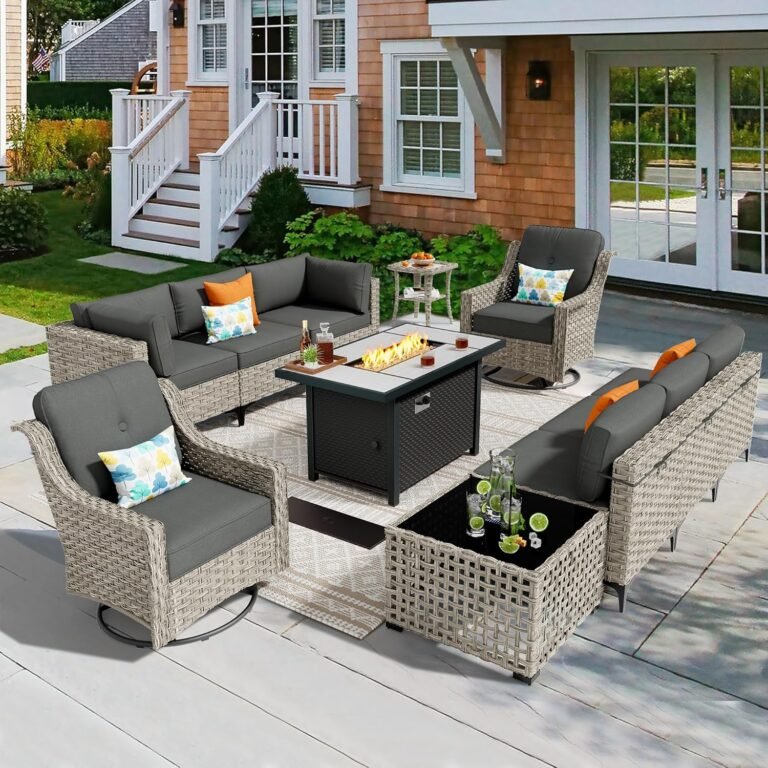 11 Pieces Outdoor Patio Furniture Set, Rattan Wicker Sectional Swivel Rocker Chairs Sets with Fire Pit, Swivel Glider Chairs, and Solar Powered Table