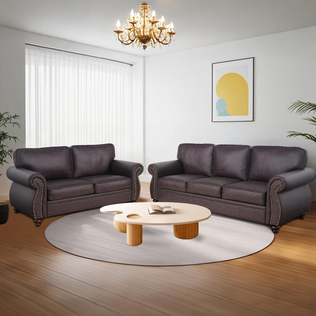 Rivet Couch,Living Room Sets,Mid-Century Couch, Solid Wooden Frame for Living Room,Vintage Couches (Brown, Loveseat+3 Seater)